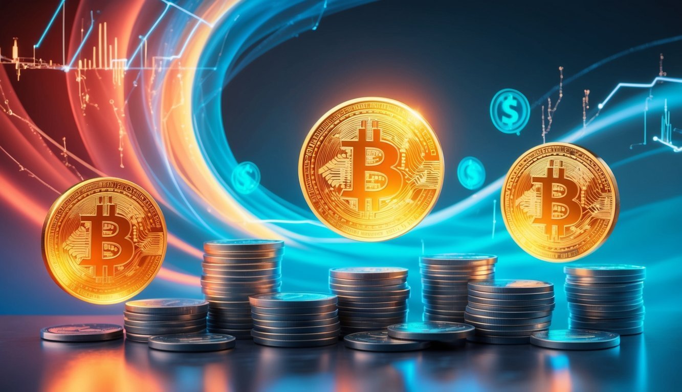 Bitcoin coins with stacks of coins and financial charts in background