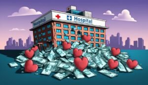 Cartoon hospital building with money and hearts in front of a city skyline