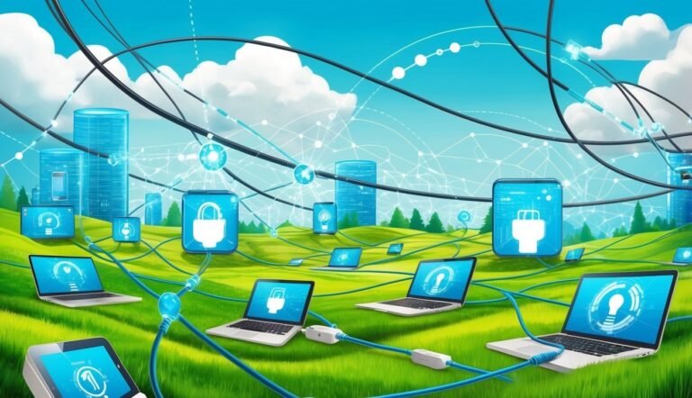 Laptops, tablets, and servers connected by cables in a green field
