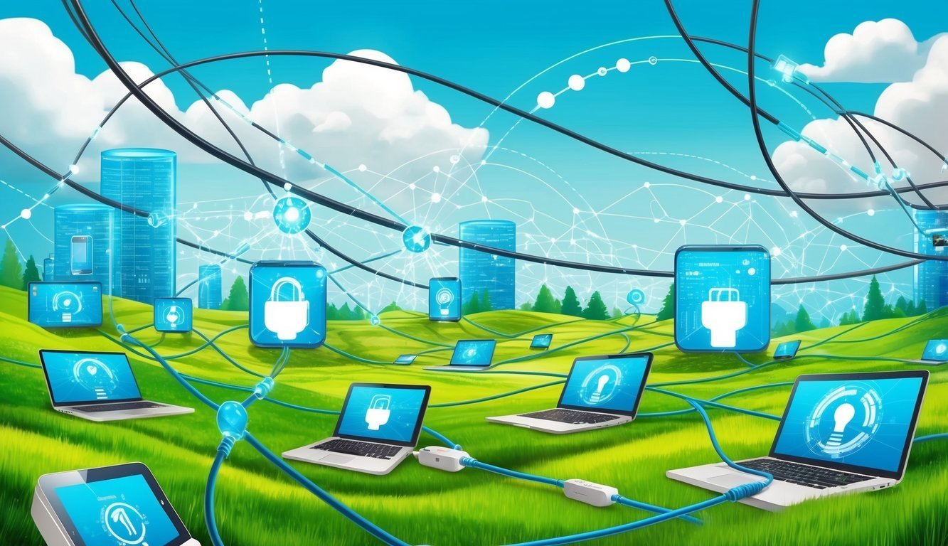 Laptops, tablets, and servers connected by cables in a green field