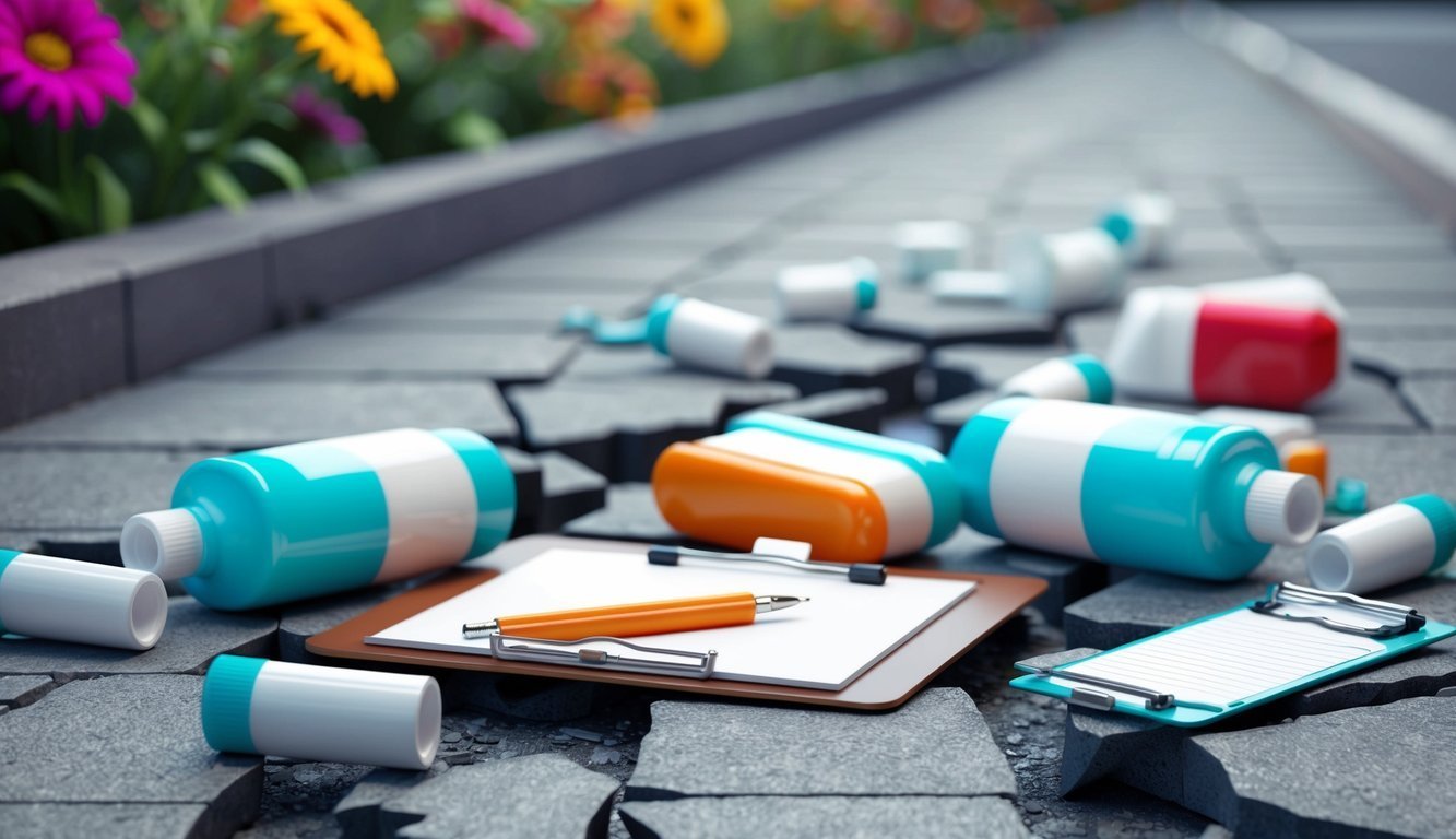 Pills, clipboard, and pen scattered on cracked pavement near flowers