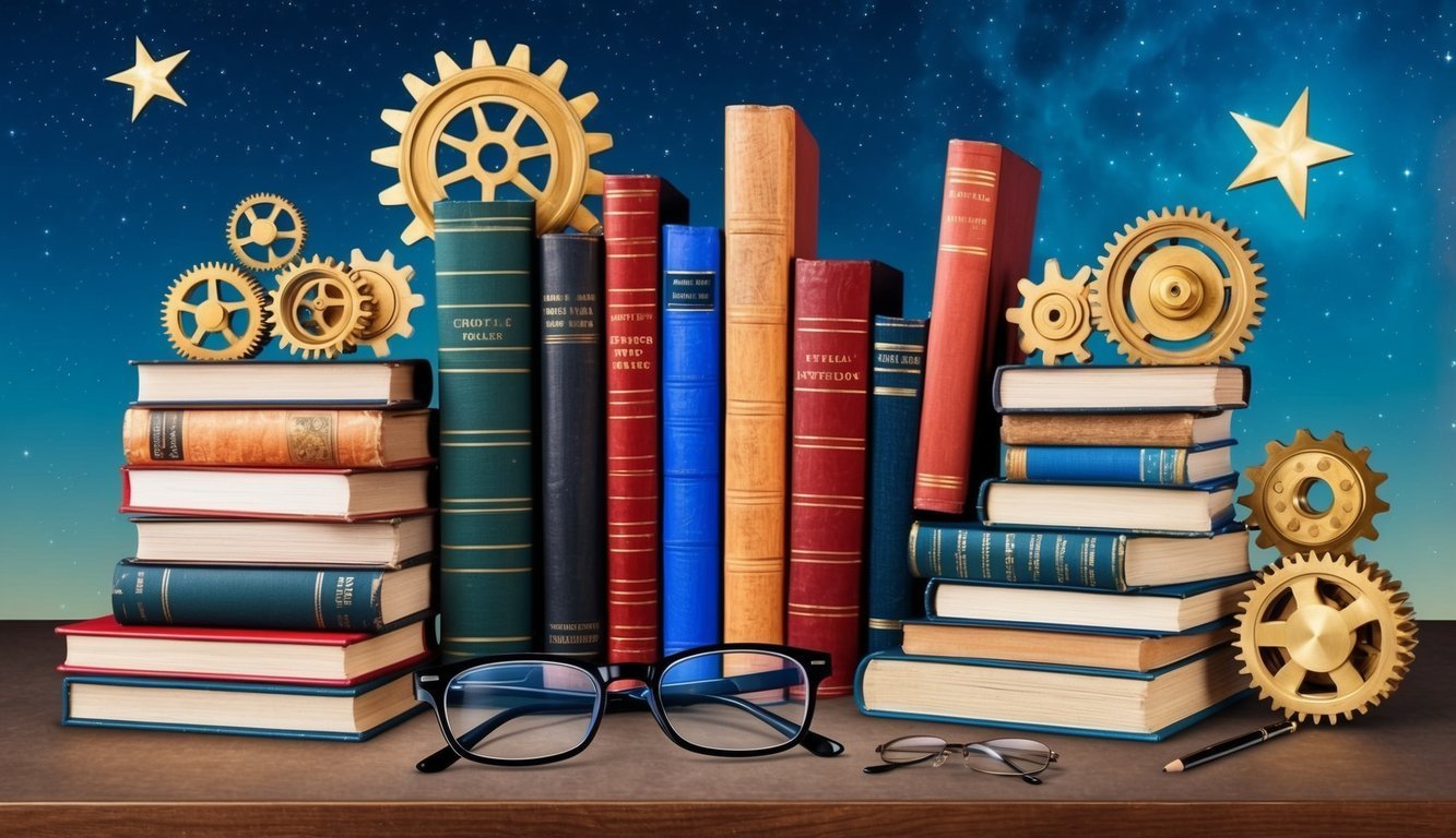 Books, gears, stars, and glasses on a table against a starry background