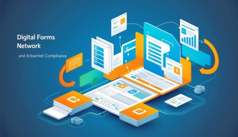 Isometric illustration of digital forms network with data and compliance