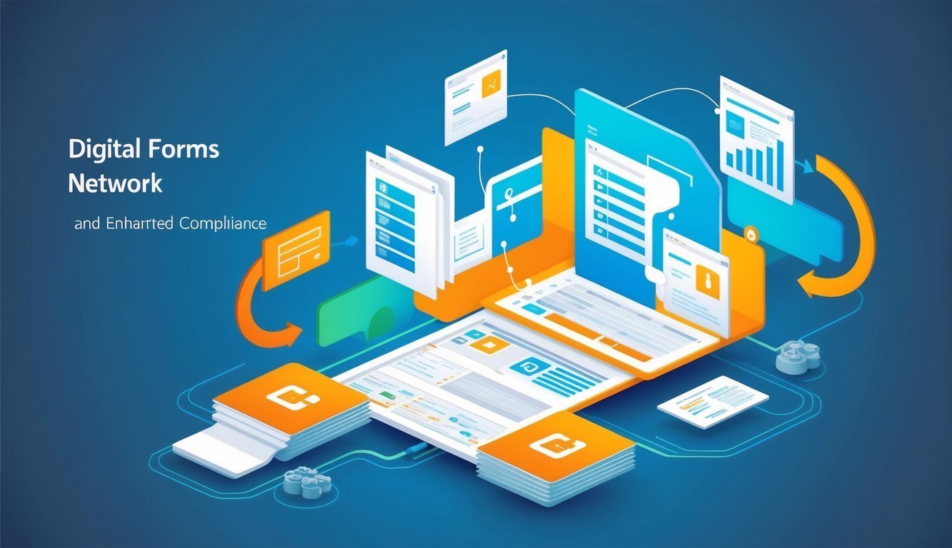 Isometric illustration of digital forms network with data and compliance