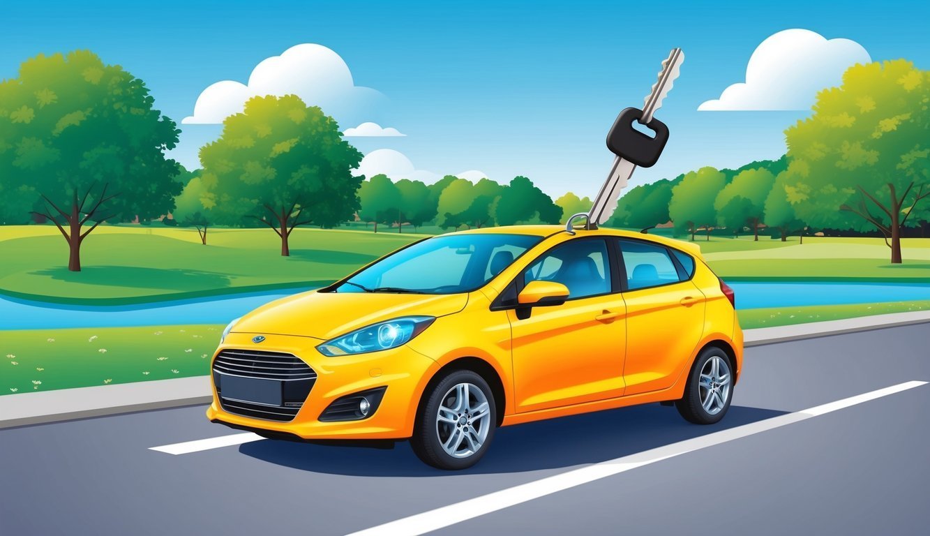 Yellow car with key on top, parked on a road, scenic background