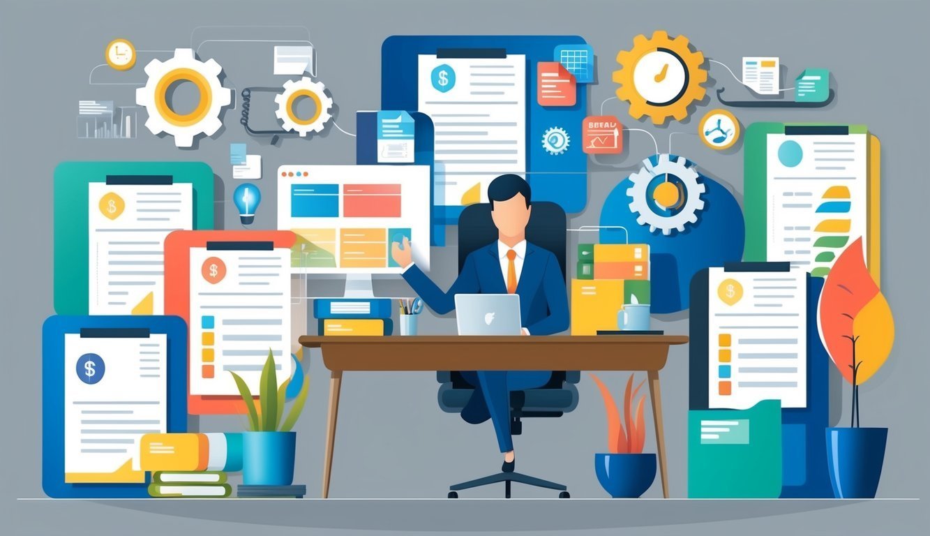 Businessman at desk surrounded by documents, gears, and computer screen
