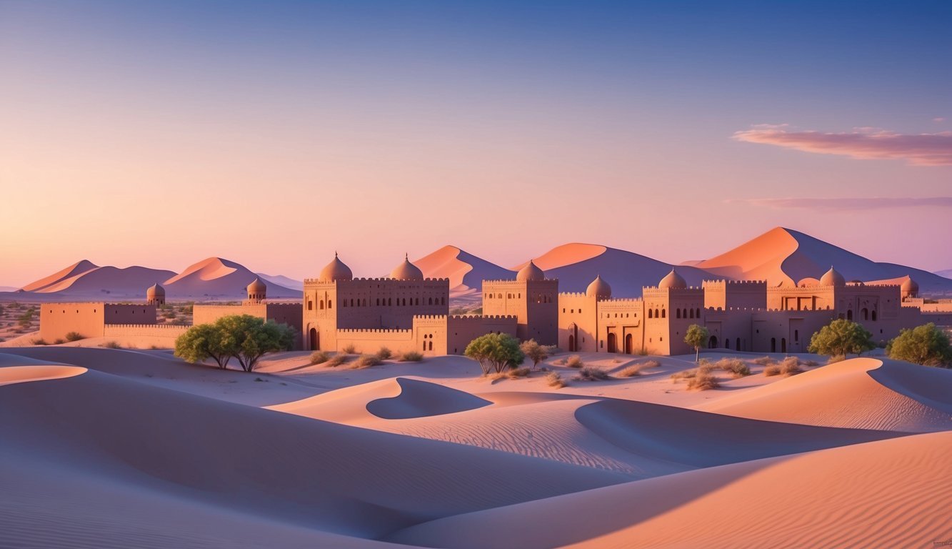 Desert landscape with a fortress, sand dunes, and mountains at sunset