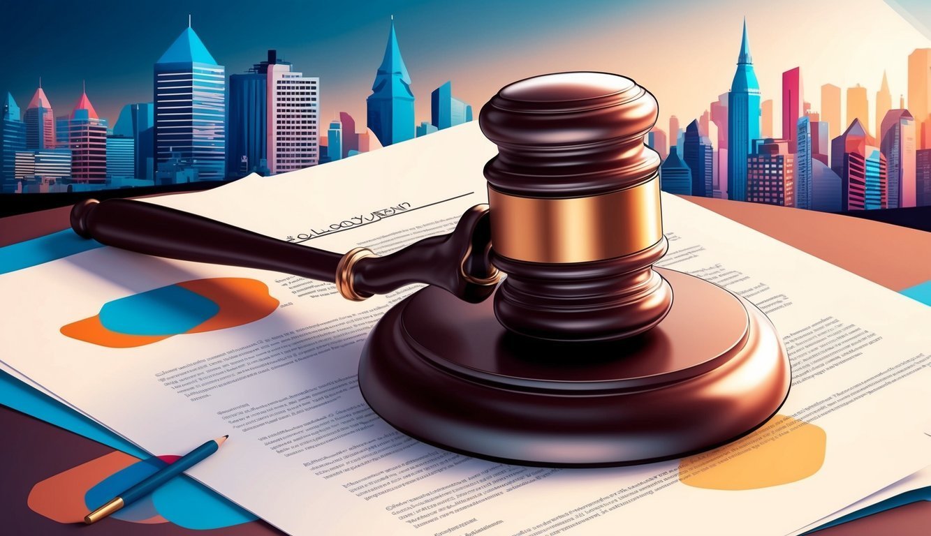 Gavel on legal documents with city skyline background