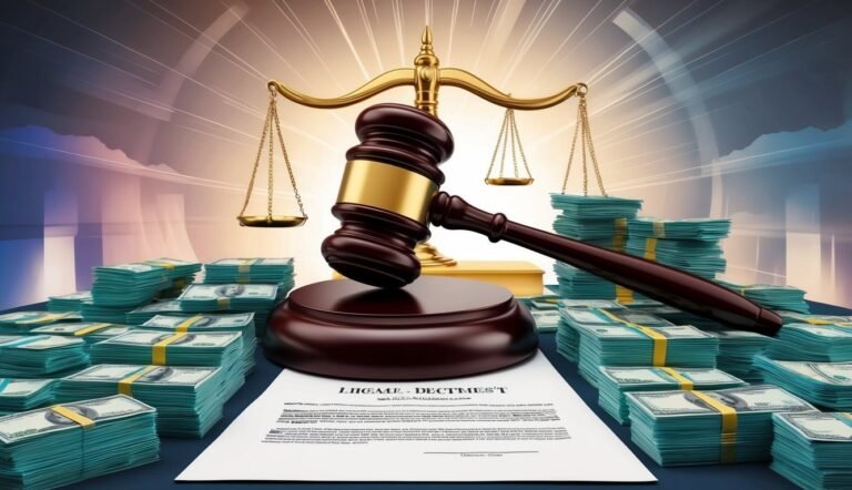 Gavel, scales of justice, stacks of money, and legal document on a table