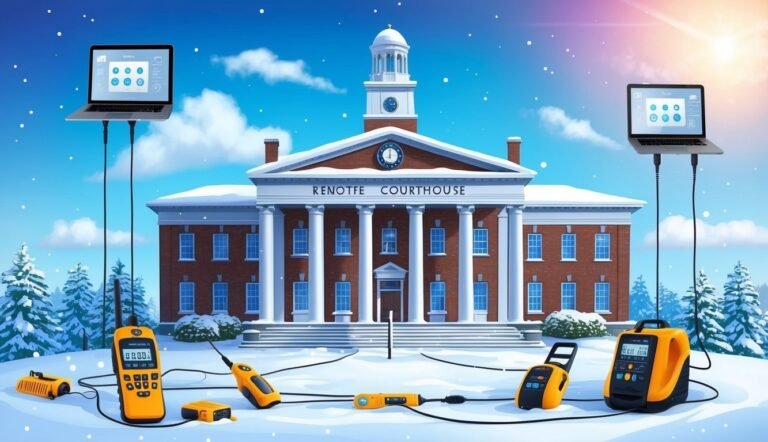 Courthouse with laptops and yellow electronic devices in a snowy scene