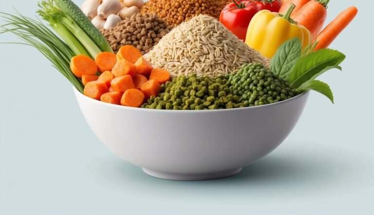 White bowl overflowing with various vegetables, grains, and legumes