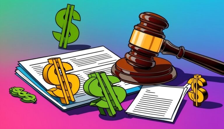 Gavel, dollar signs, and documents, representing legal and financial matters