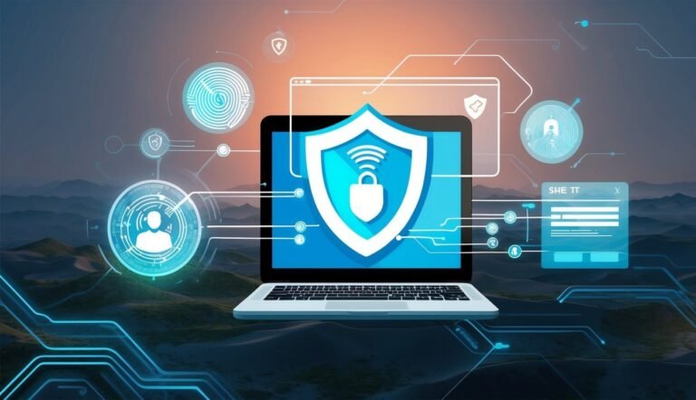 Laptop with security shield, fingerprint, and login interface over desert landscape