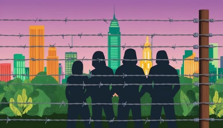 Silhouetted figures behind barbed wire fence, city skyline in background