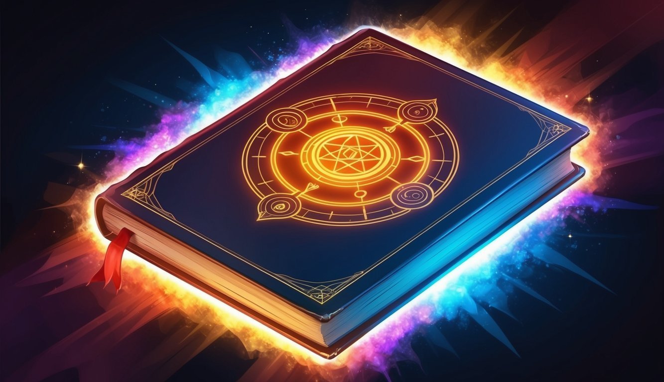 Glowing magical book with a golden symbol and red ribbon