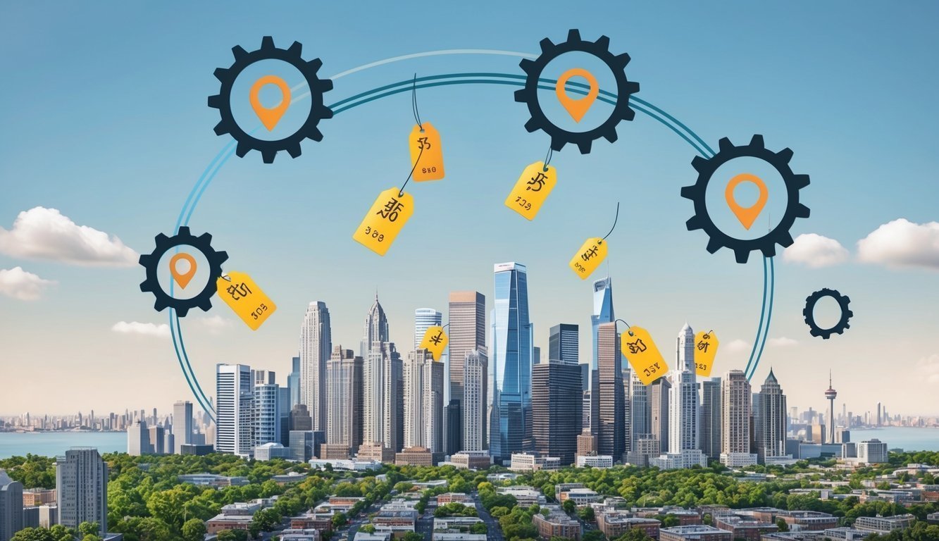 Cityscape with gears, location markers, and price tags floating above