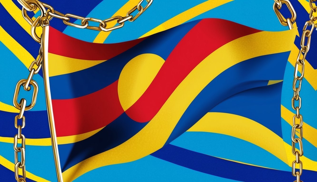 Flag with red, yellow, and blue stripes, encircled by a gold chain