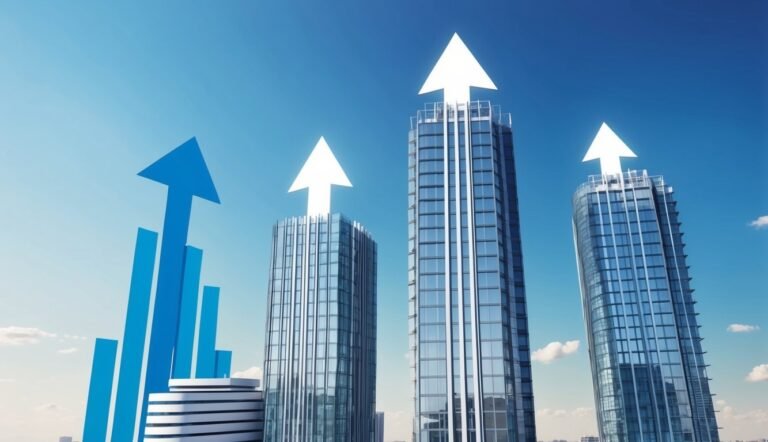 Skyscrapers with upward arrows, representing growth and progress against a blue sky