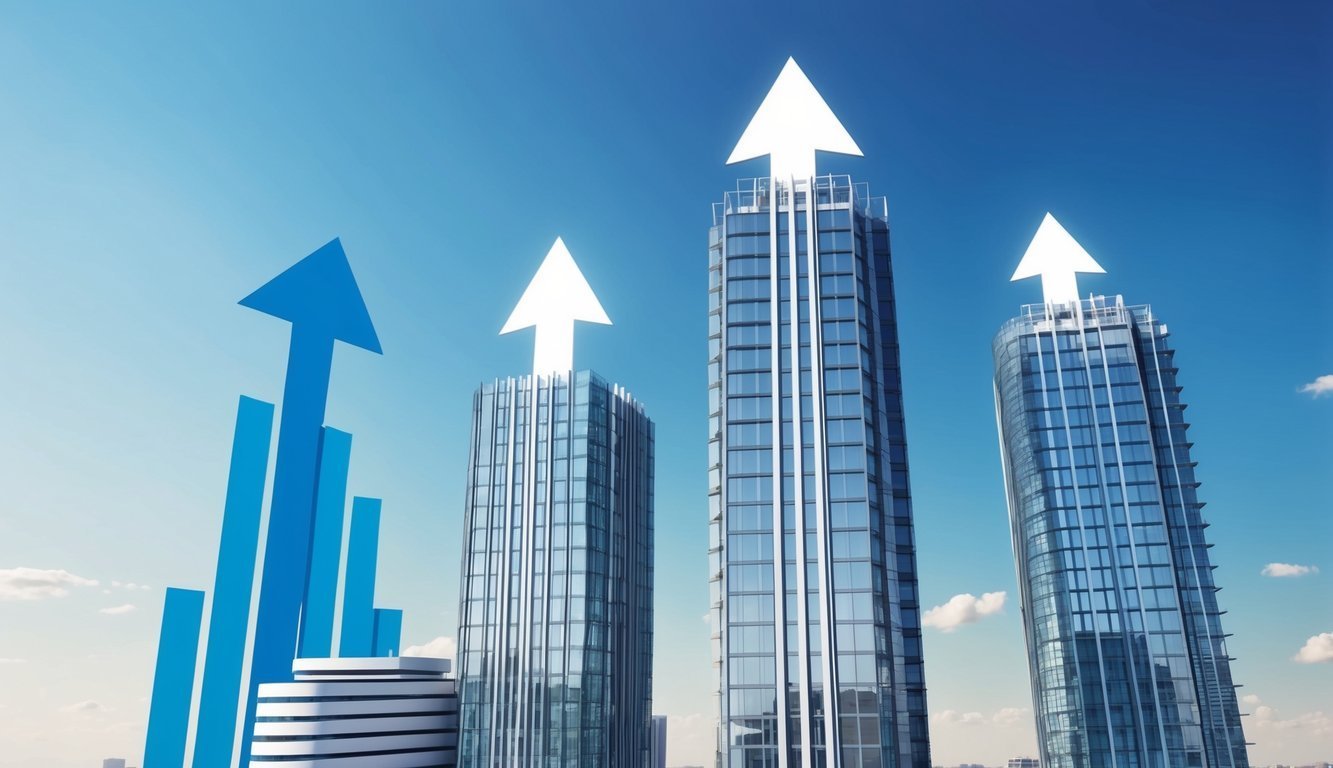 Skyscrapers with upward arrows, representing growth and progress against a blue sky