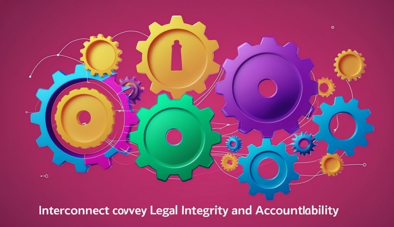 Colorful interconnected gears on a pink background, representing legal integrity and accountability