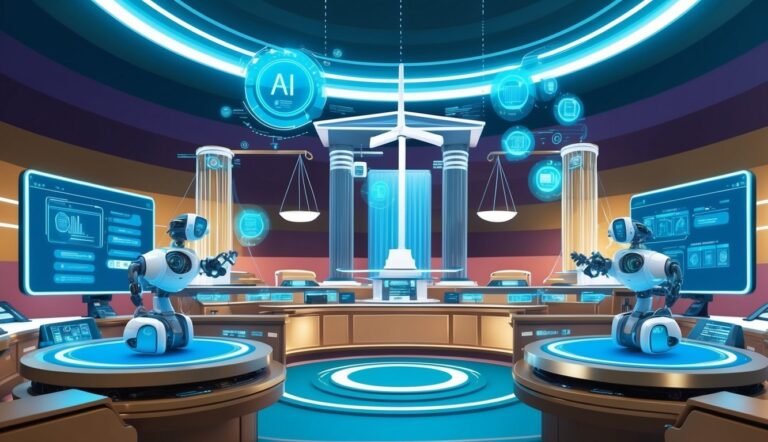 Futuristic courtroom with AI robots, scales of justice, and glowing screens