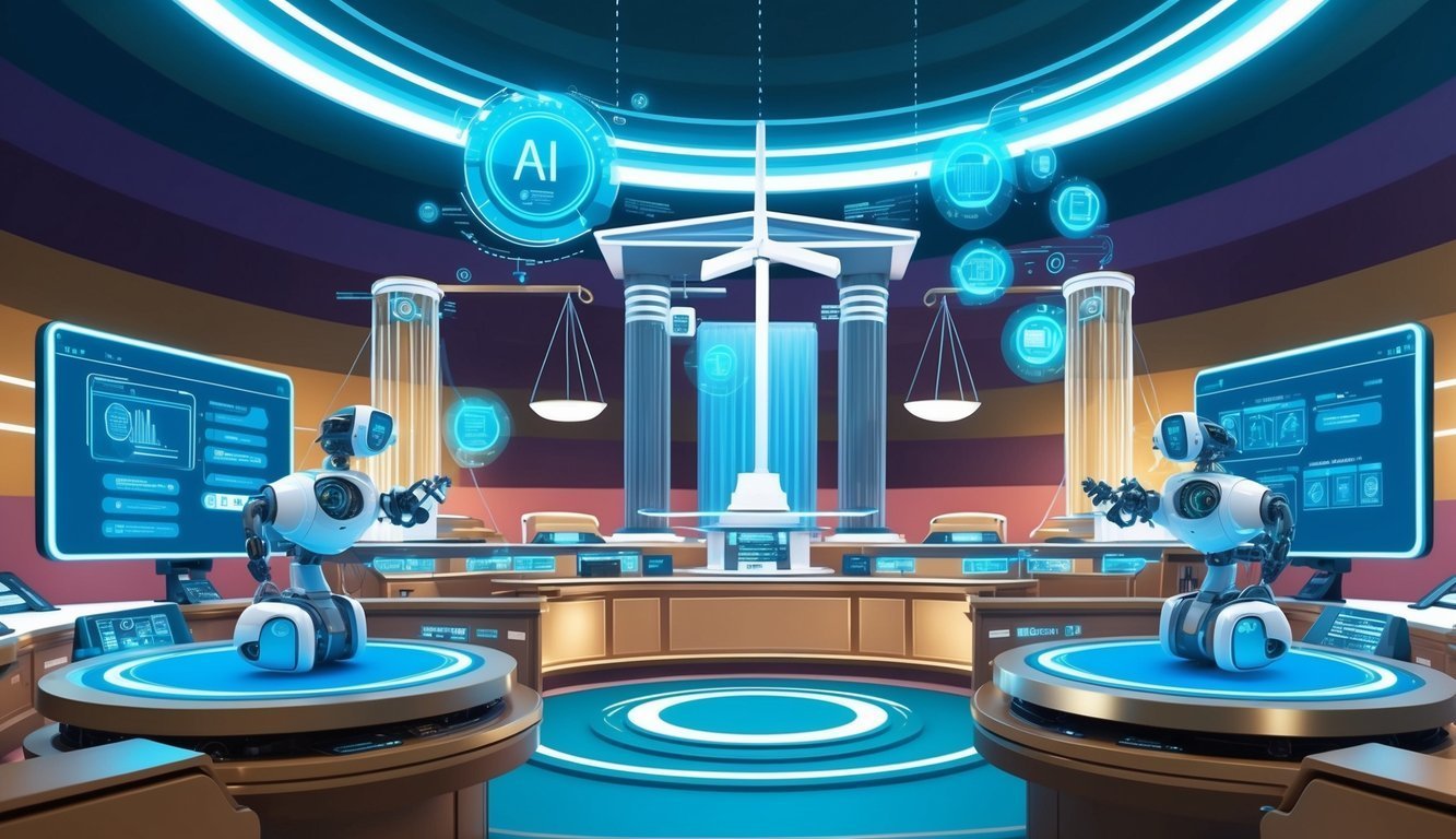 Futuristic courtroom with AI robots, scales of justice, and glowing screens