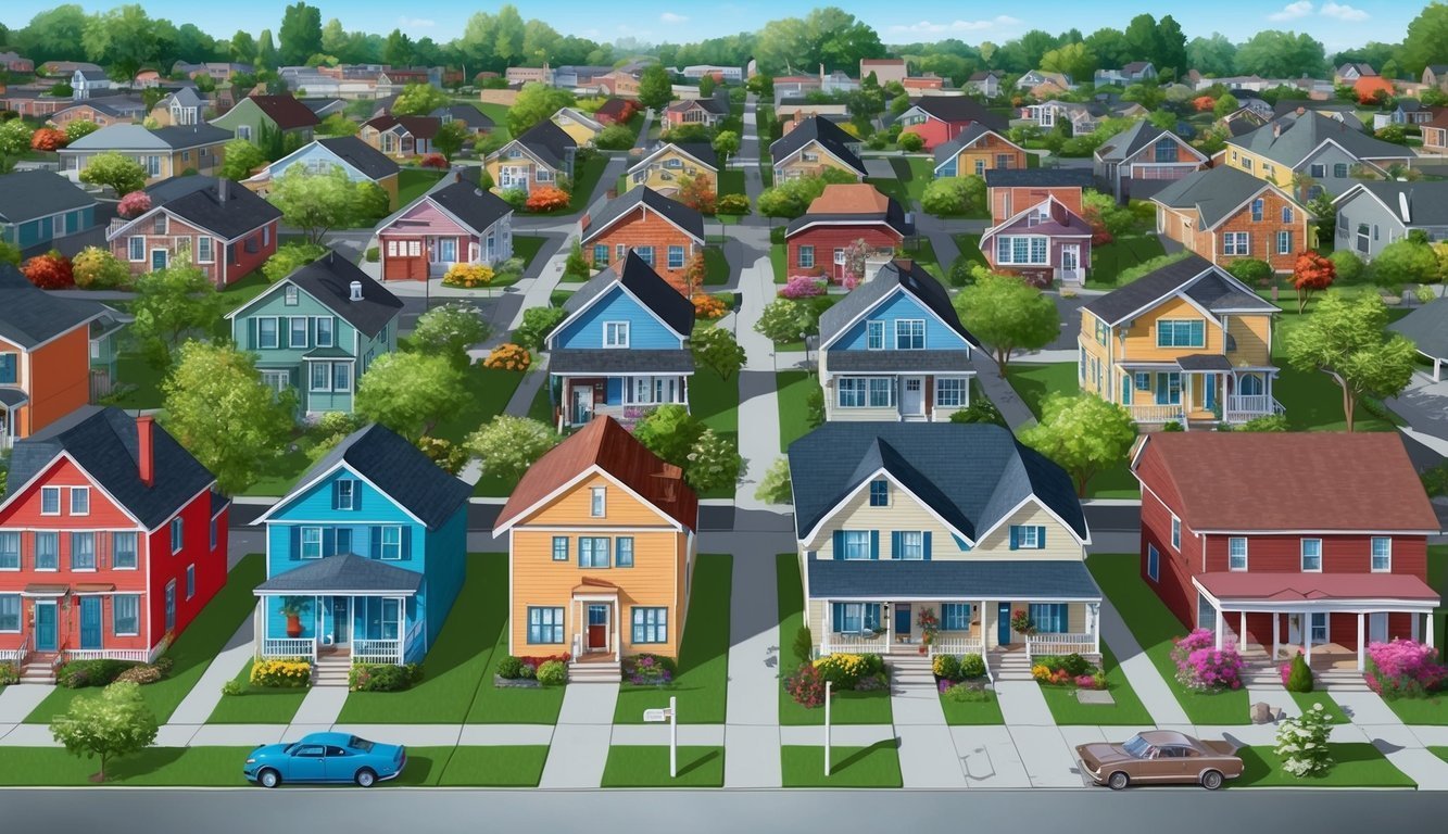 Colorful houses in a suburban neighborhood with cars parked on the street
