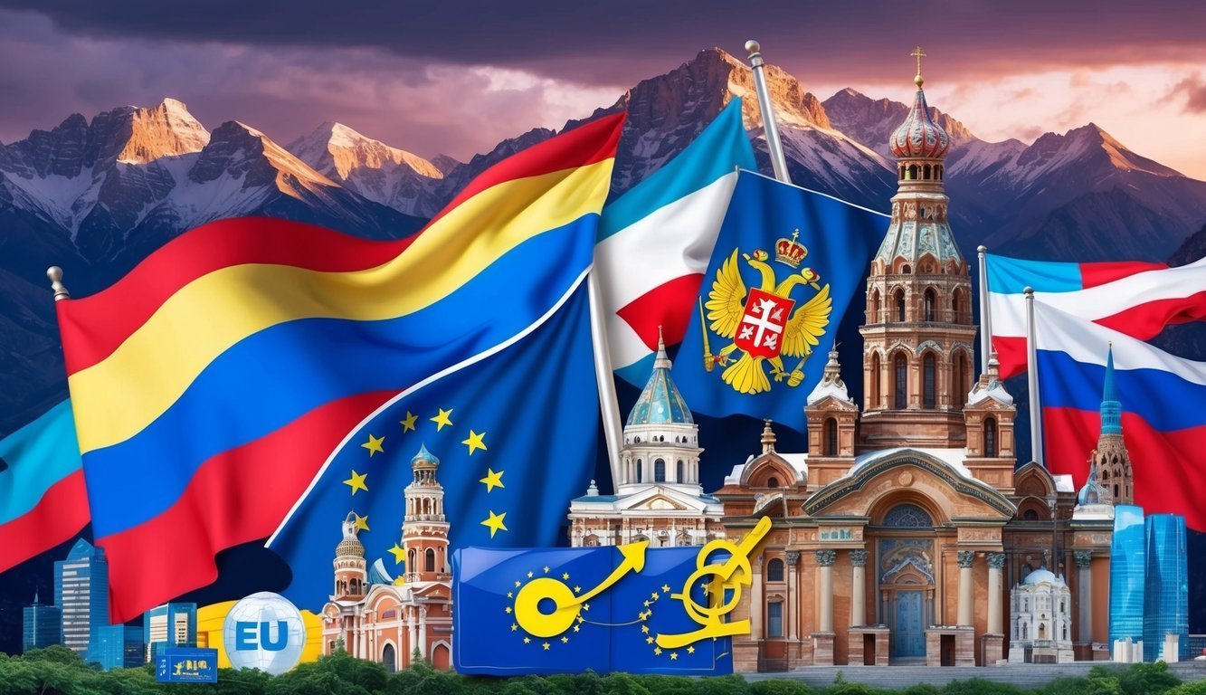 Flags of various countries with buildings and mountains in background