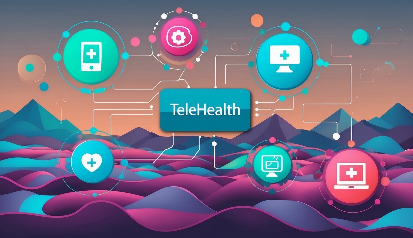 Telehealth concept illustration with connected medical icons and landscape background
