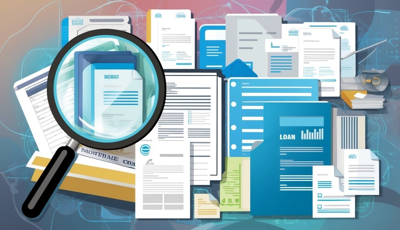 Magnifying glass over documents, loan application, and financial paperwork