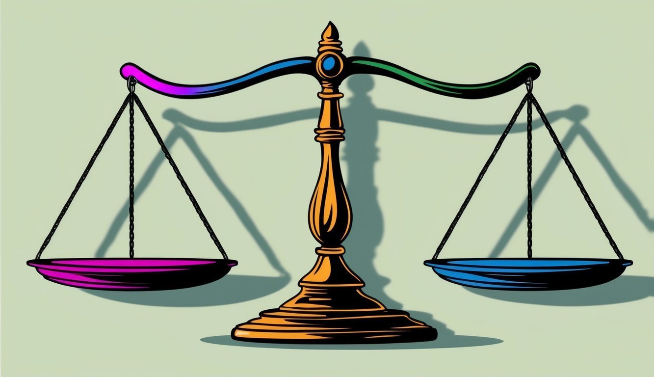 Colorful illustration of scales of justice, with purple and blue bowls