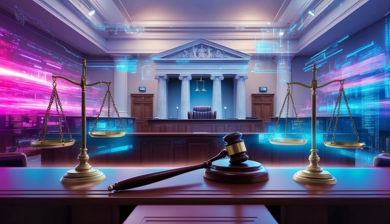 Courtroom with scales of justice, gavel, and digital overlay