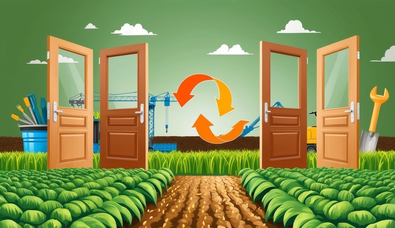 Doors open to construction, farming, and recycling, with crops in the foreground