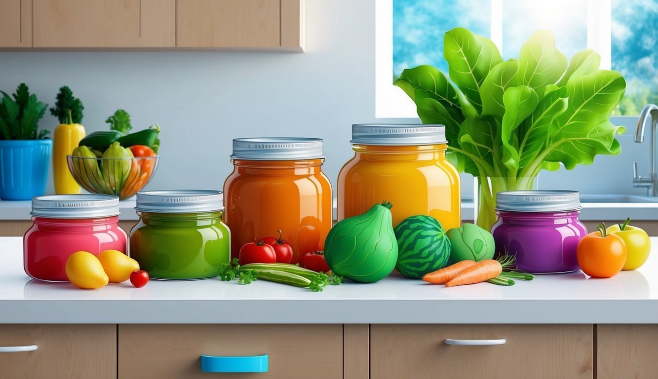 Colorful jars of juice and fresh produce on a kitchen counter