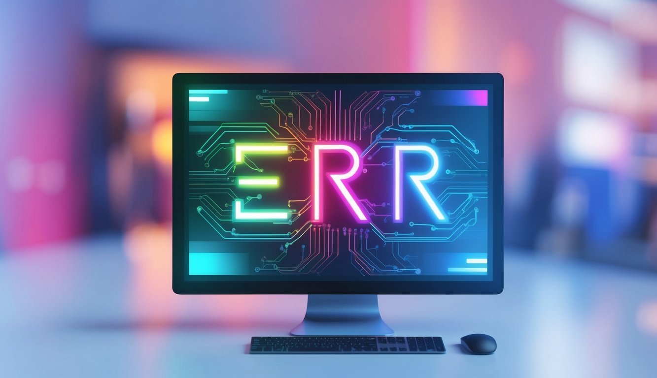 Computer monitor displaying "ERR" in neon colors with circuit board design