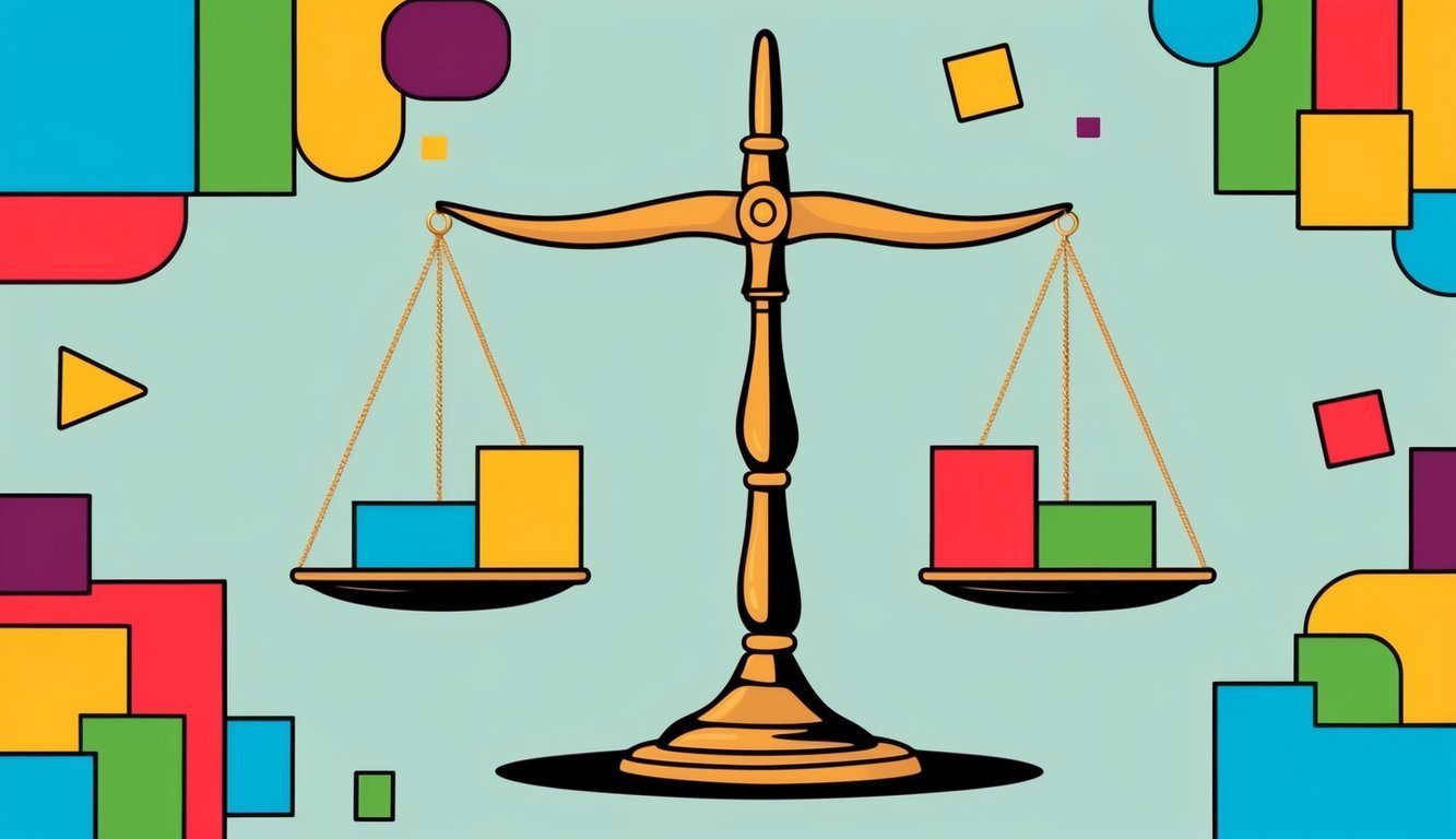 Scales of justice with colorful geometric shapes on a light blue background
