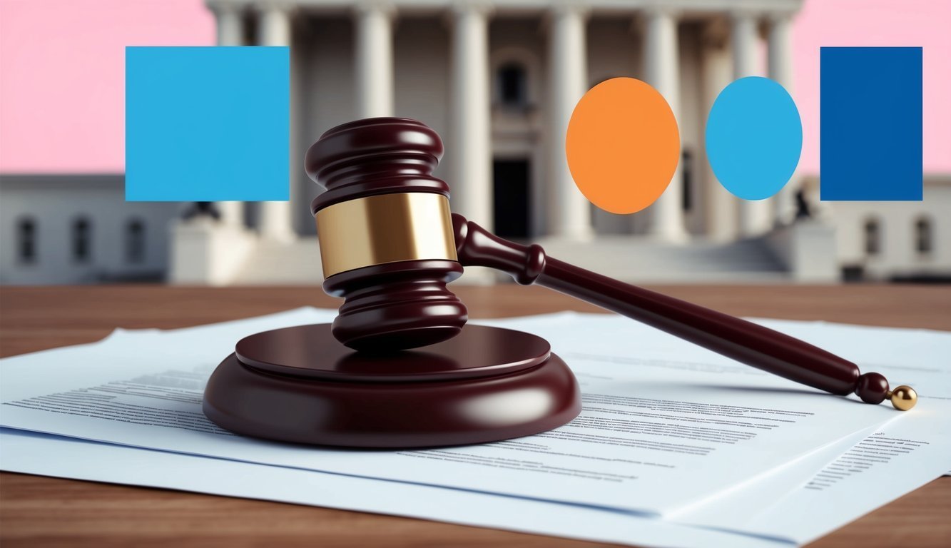 Gavel on documents with courthouse background and colorful shapes