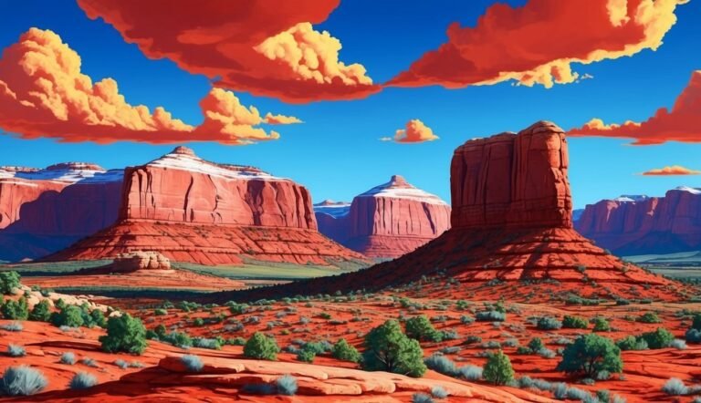 Red rock formations under a blue sky with orange clouds. Desert landscape