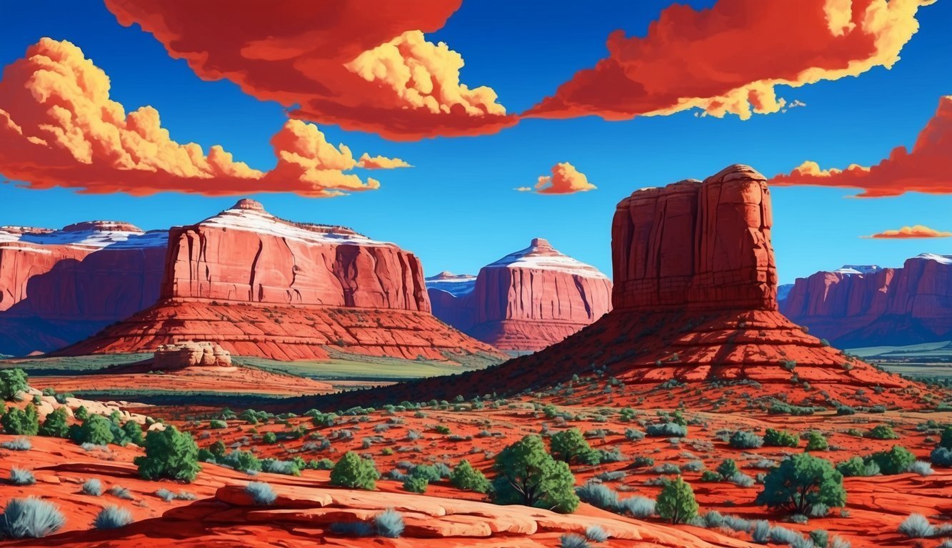 Red rock formations under a blue sky with orange clouds. Desert landscape
