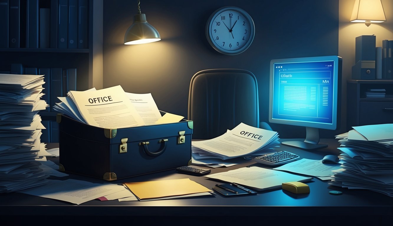 Overwhelmed office desk with briefcase, papers, computer, and clock on the wall