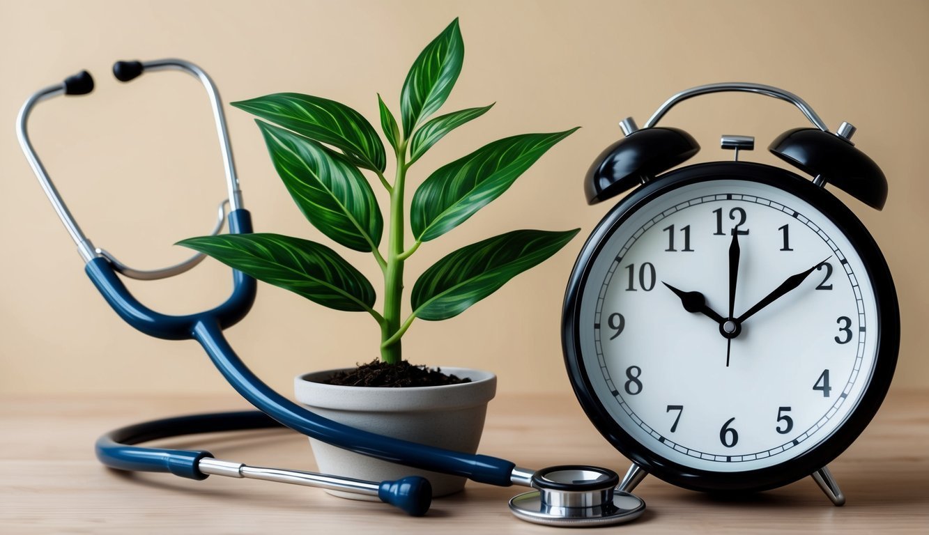 Stethoscope, potted plant, and alarm clock on a wooden table