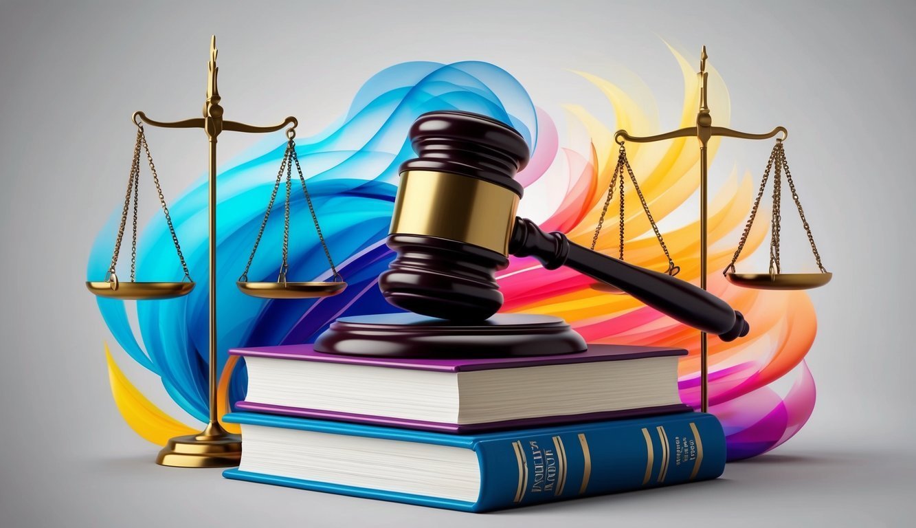 Gavel on books with scales of justice and colorful abstract background