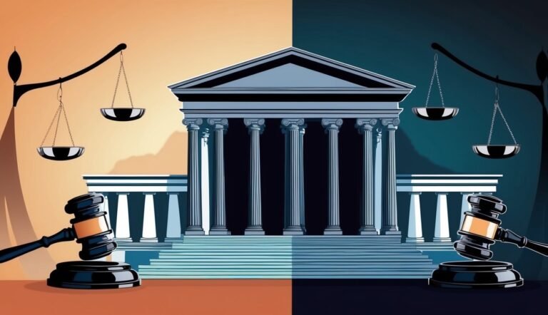 Illustration of a courthouse, scales of justice, and gavels