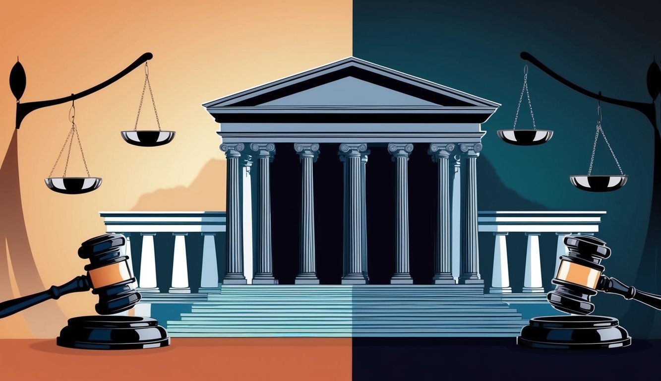 Illustration of a courthouse, scales of justice, and gavels