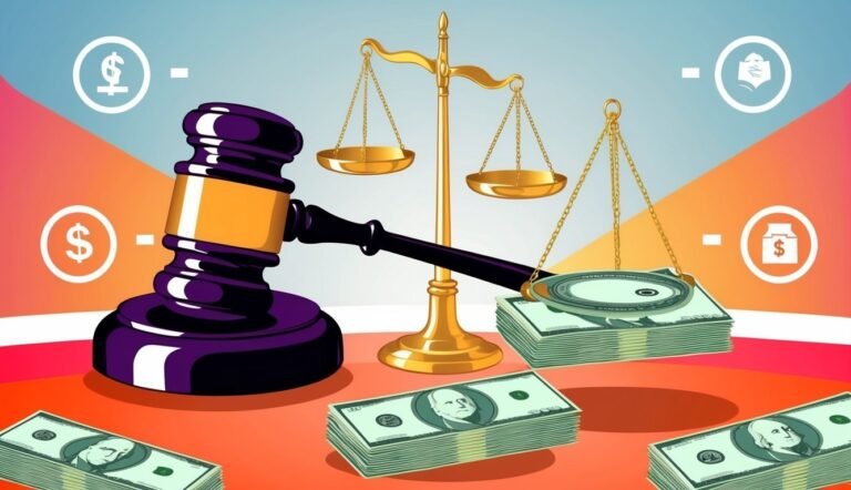 Gavel, scales of justice, and stacks of money, symbolizing legal and financial concepts