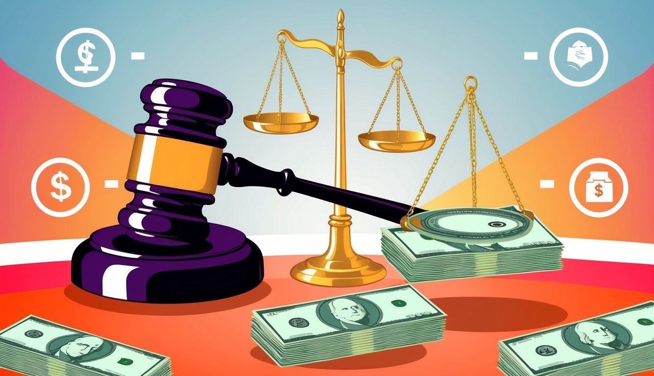 Gavel, scales of justice, and stacks of money, symbolizing legal and financial concepts