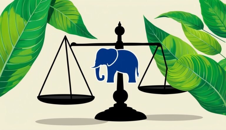 Scales of justice with a blue elephant, surrounded by green leaves