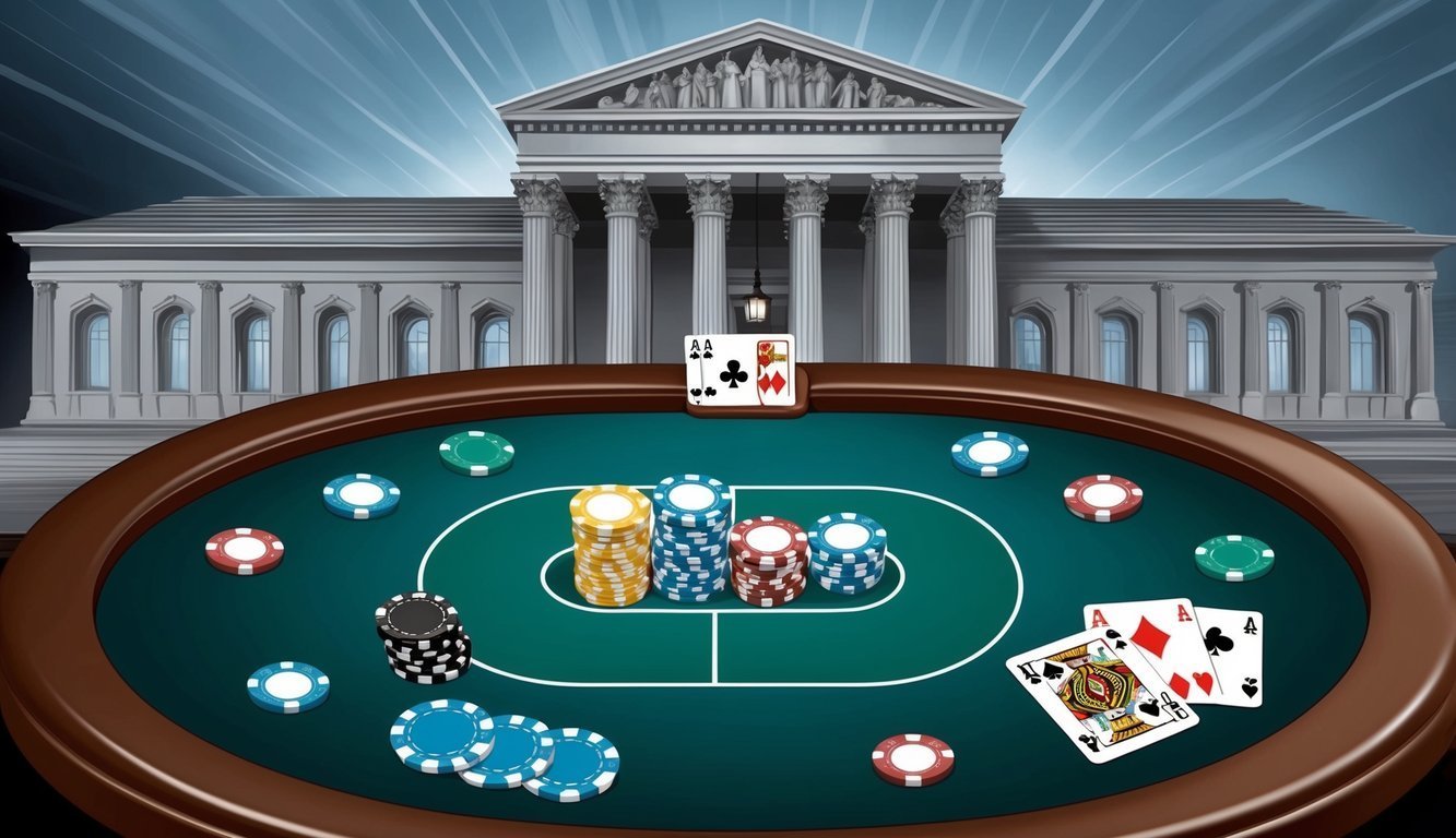 Poker table with chips and cards, courthouse in the background