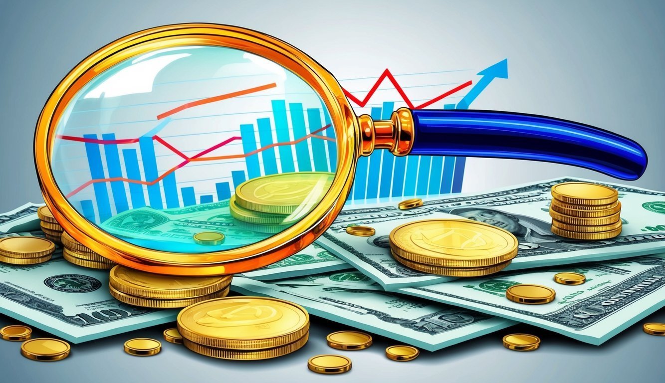 Magnifying glass over money, coins, and a financial growth chart
