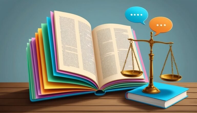 Open book with colorful pages, scales of justice, and speech bubbles